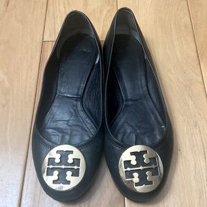 Tory Burch black gold logo ballet flats